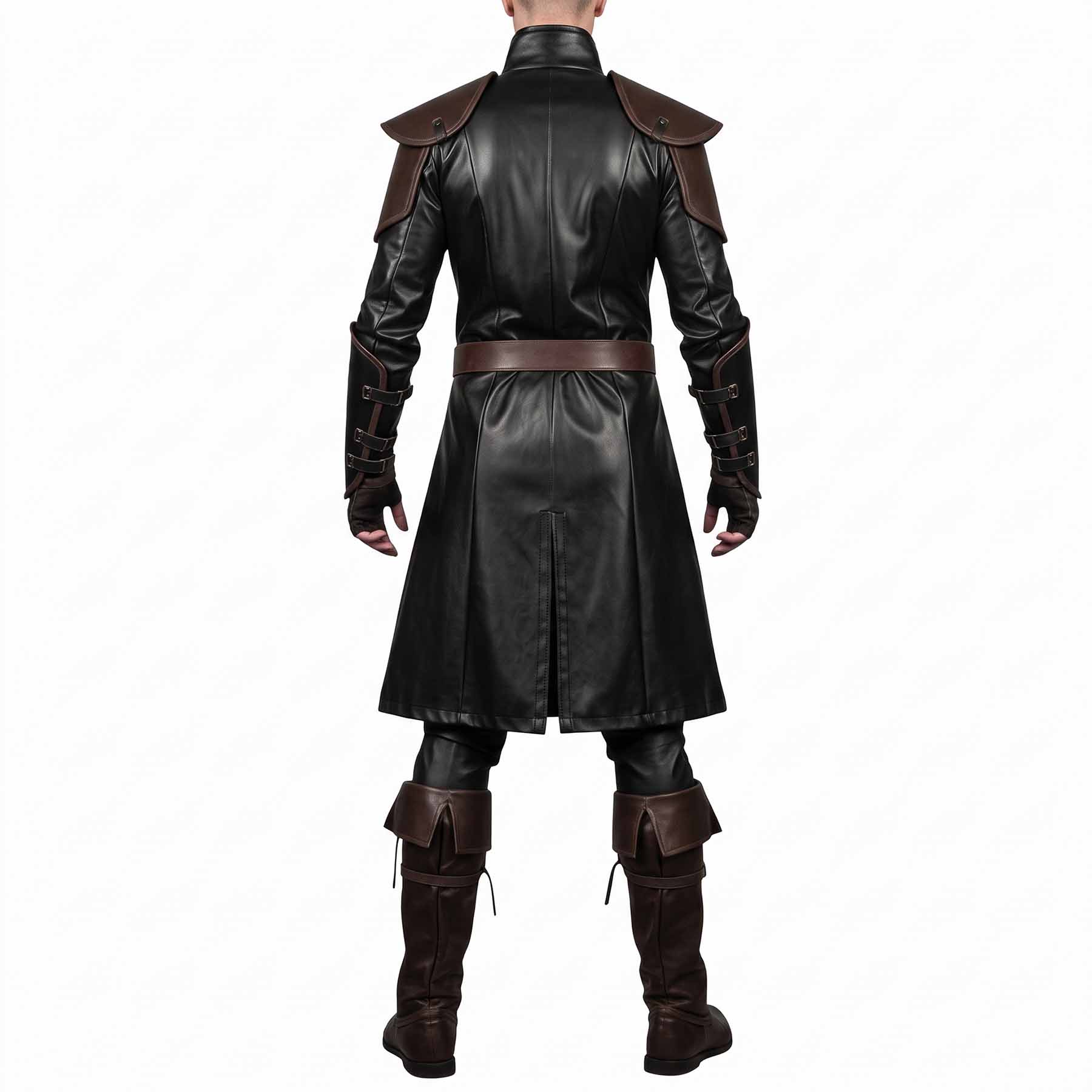 Full-body rear view of the black leather fantasy armor coat highlighting the structured back panel, shoulder spaulders, and deep center split vent for mobility.