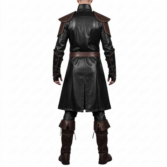 Full-body rear view of the black leather fantasy armor coat highlighting the structured back panel, shoulder spaulders, and deep center split vent for mobility.