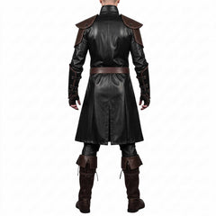 Full-body rear view of the black leather fantasy armor coat highlighting the structured back panel, shoulder spaulders, and deep center split vent for mobility.