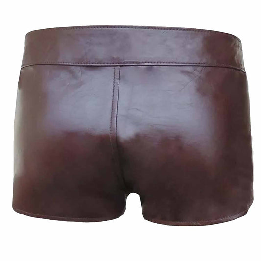 Mens Real Brown Leather Short With Detachable Front Pouch Codpiece Front opening Gay Shorts