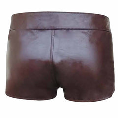 Mens Real Brown Leather Short With Detachable Front Pouch Codpiece Front opening Gay Shorts
