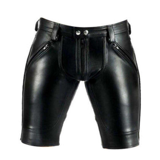 Mens Real Cow Leather Black Shorts Clubwear Leisure with Full Front to Rear Zip