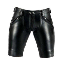 Front view of men's black real cowhide leather shorts with a two-way front zipper, double snap waist closure, and dual front slash zip pockets.