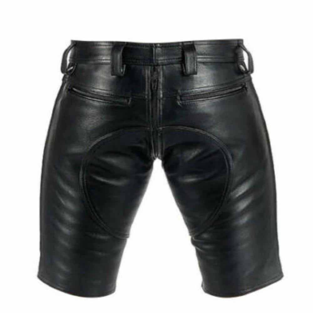 Rear view of men's genuine black leather shorts showing the full two-way zipper extension, back patch detail, and dual zippered back pockets.
