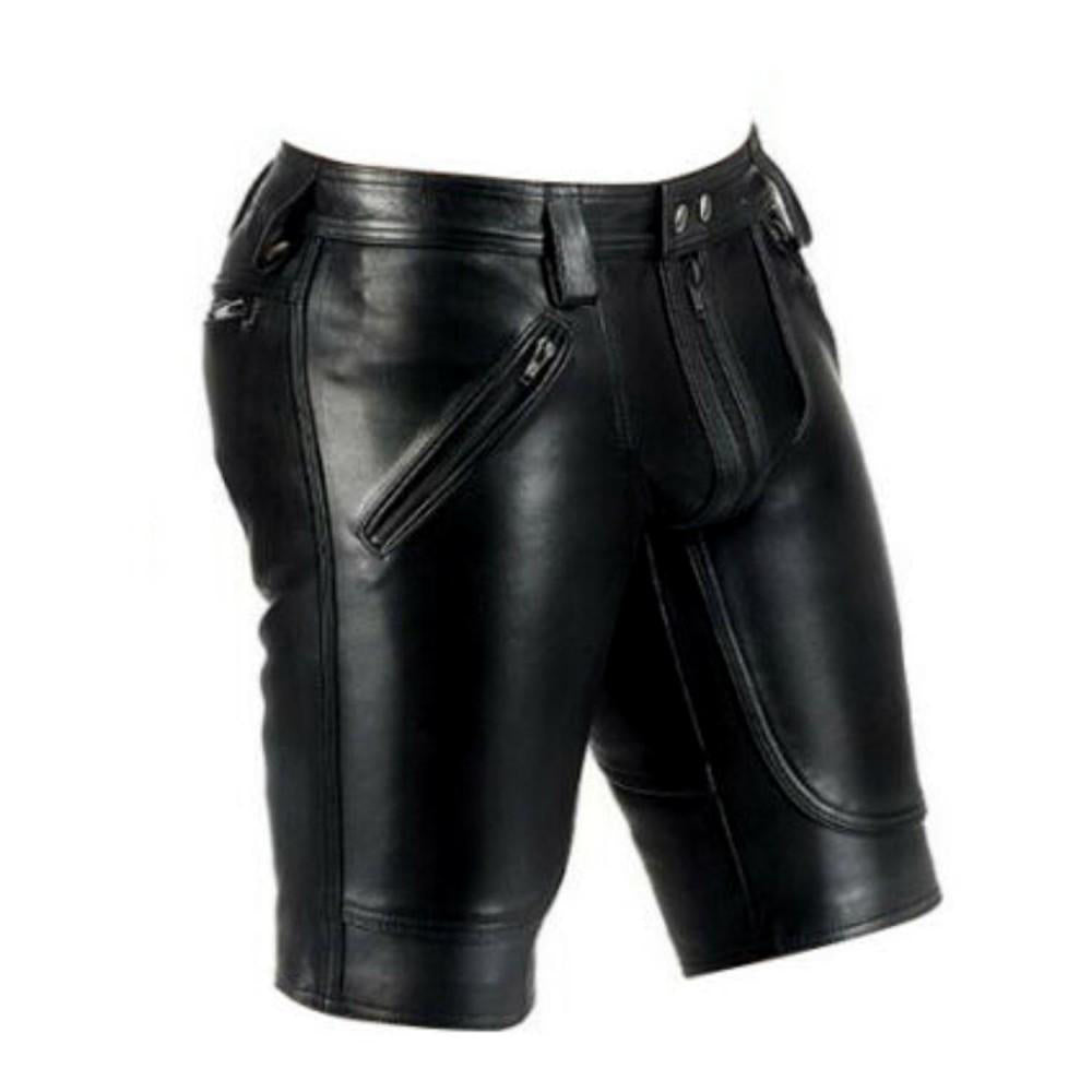 Side three-quarter view of men's fitted black cowhide leather clubwear shorts highlighting the smooth finish, belt loops, and front zipper construction.
