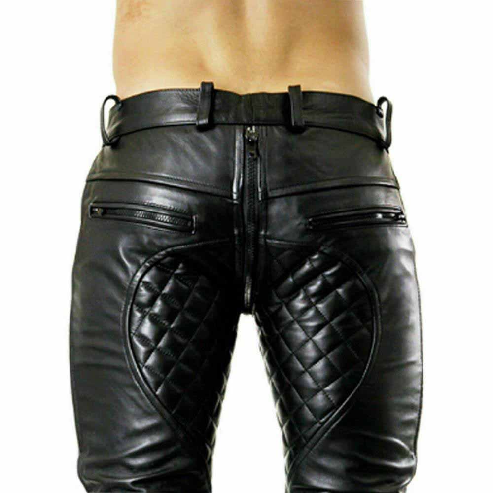 Black leather pants with quilted butt panels and a central zipper, shown on a model from the back against a white background.