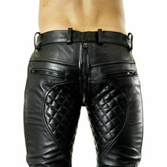 Black leather pants with quilted butt panels and a central zipper, shown on a model from the back against a white background.