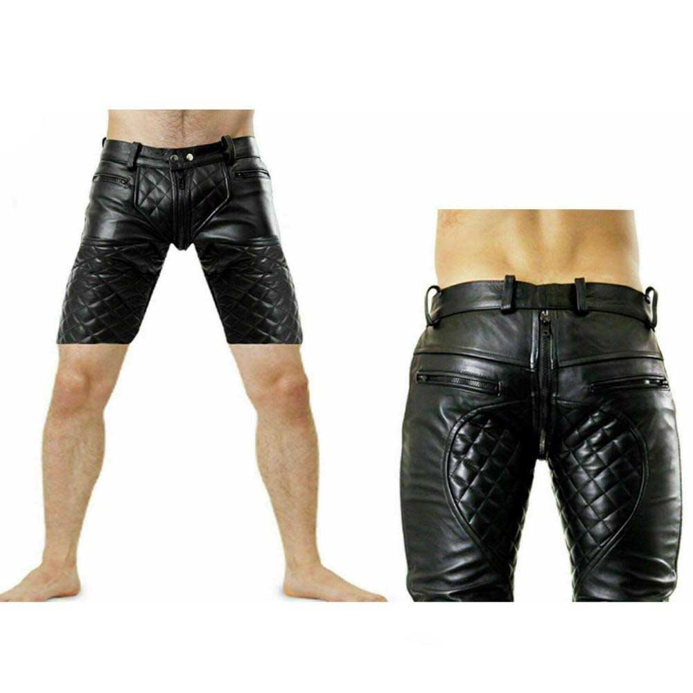 Front and rear view of men's black quilted cowhide leather shorts featuring a full two-way zipper running from front to back with zippered pockets.