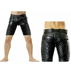 Front and rear view of men's black quilted cowhide leather shorts featuring a full two-way zipper running from front to back with zippered pockets.