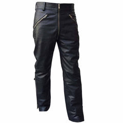 Front view of men's black cowhide leather motorcycle trousers featuring angled zipper pockets, padded knees, and a center fly zipper.