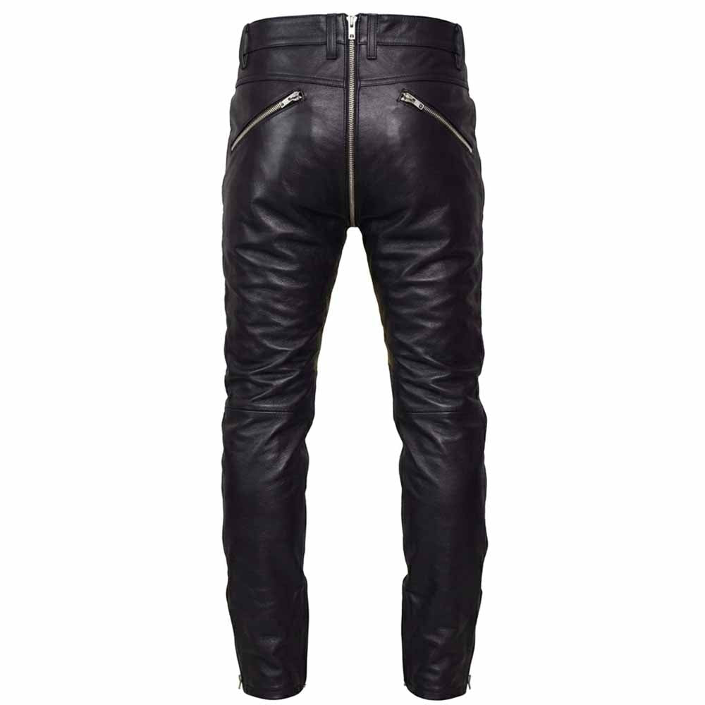 Back view of men's black leather biker pants showing the continuous silver zipper extending up the rear crotch seam and zipper pockets.