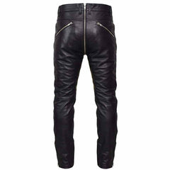 Back view of men's black leather biker pants showing the continuous silver zipper extending up the rear crotch seam and zipper pockets.