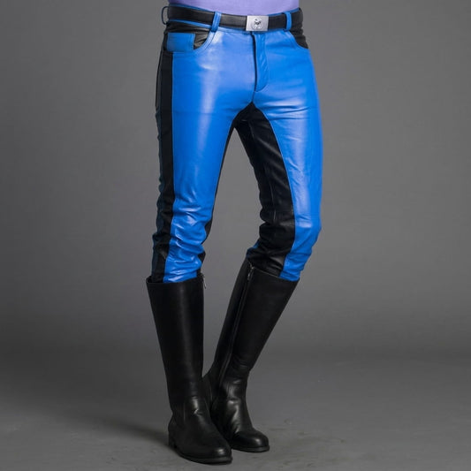 Mens Real Cowhide Leather Black and Blue Contrast Leather Pants Motorcycle Pants Trousers Jeans