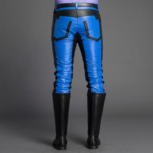 Mens Real Cowhide Leather Black and Blue Contrast Leather Pants Motorcycle Pants Trousers Jeans