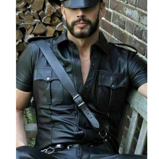 Mens Real Leather Black Police Military Style Shirt BLUF Shirt Gay