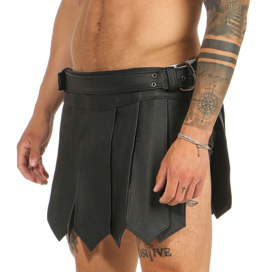 Mens Real Leather Black Roman Gladiator Kilt Gothic Belt and Buckles Kilt LARP