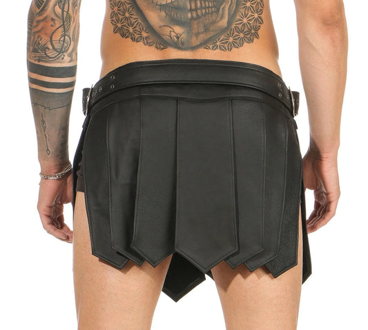 Mens Real Leather Black Roman Gladiator Kilt Gothic Belt and Buckles Kilt LARP
