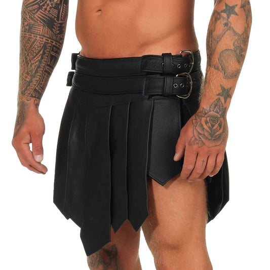 Mens Real Leather Black Roman Gladiator Skirt Kilt Gothic Kilt LARP