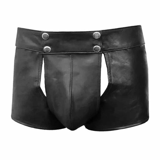 Mens Real Black Leather Short With Detachable Front Pouch Codpiece Front opening Gay Shorts