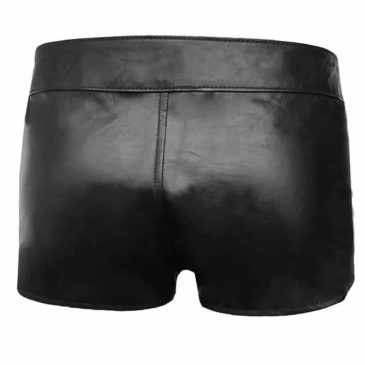 Mens Real Black Leather Short With Detachable Front Pouch Codpiece Front opening Gay Shorts