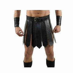 Mens Sexy Real Leather Black Kilt Roman Gladiator Kilt Set Gay Club Wear LARP