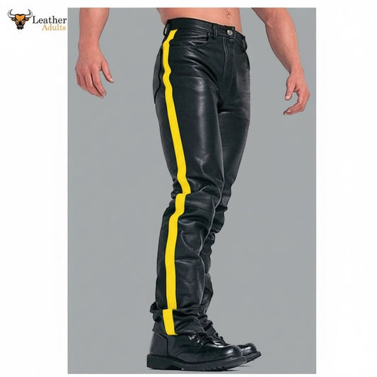 Mens Black Cowhide Leather Jeans Style Pants BLUF Breeches Yellow Striped Trousers