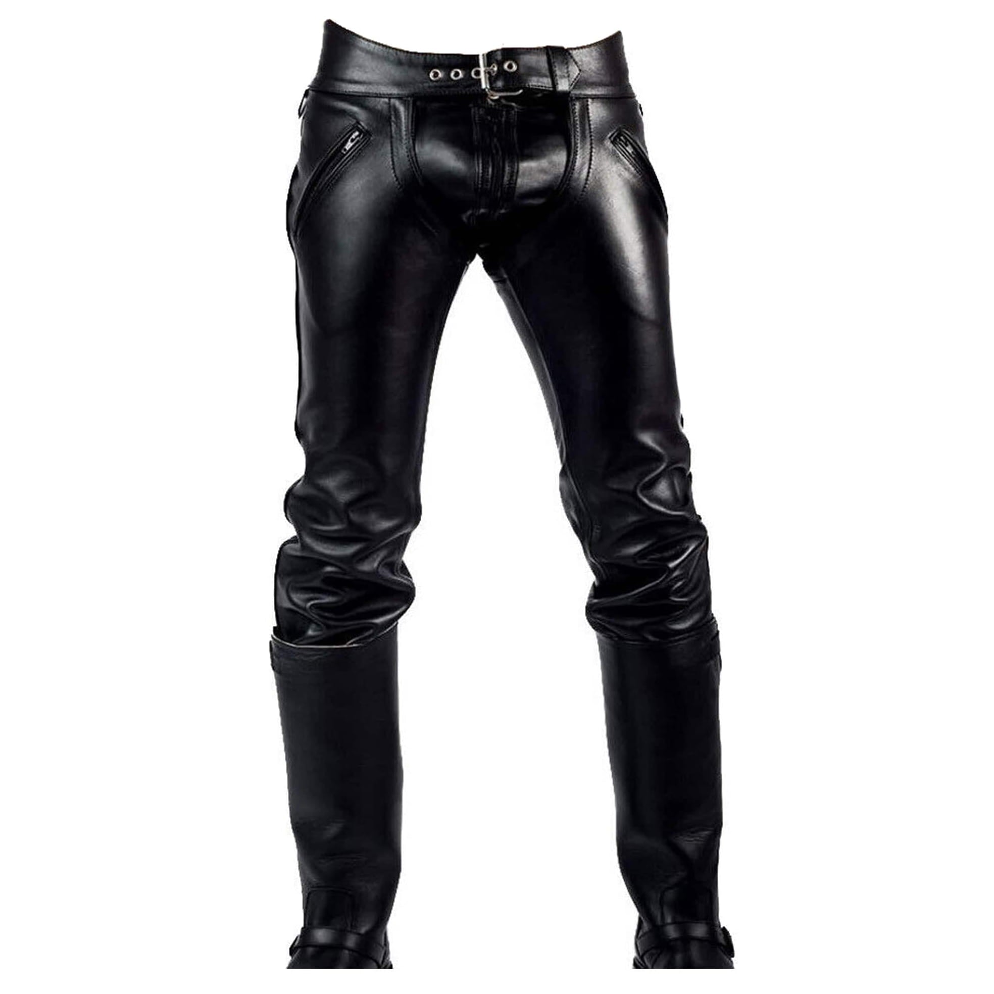Black cowhide leather biker pants with a matching belt, shown on a white background.