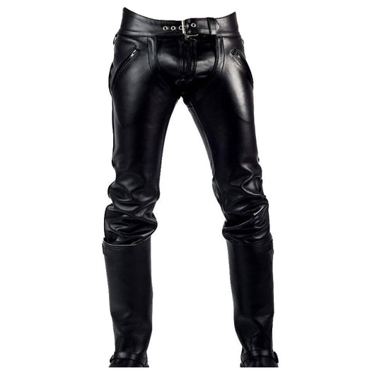 Black cowhide leather biker pants with a matching belt, shown on a white background.