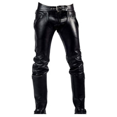 Black cowhide leather biker pants with a matching belt, shown on a white background.