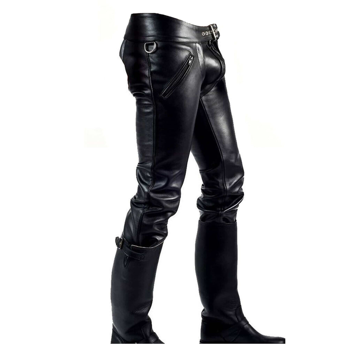Black leather biker pants with zippered pockets and knee patches, shown on a white background with matching black leather boots.