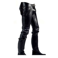 Black leather biker pants with zippered pockets and knee patches, shown on a white background with matching black leather boots.