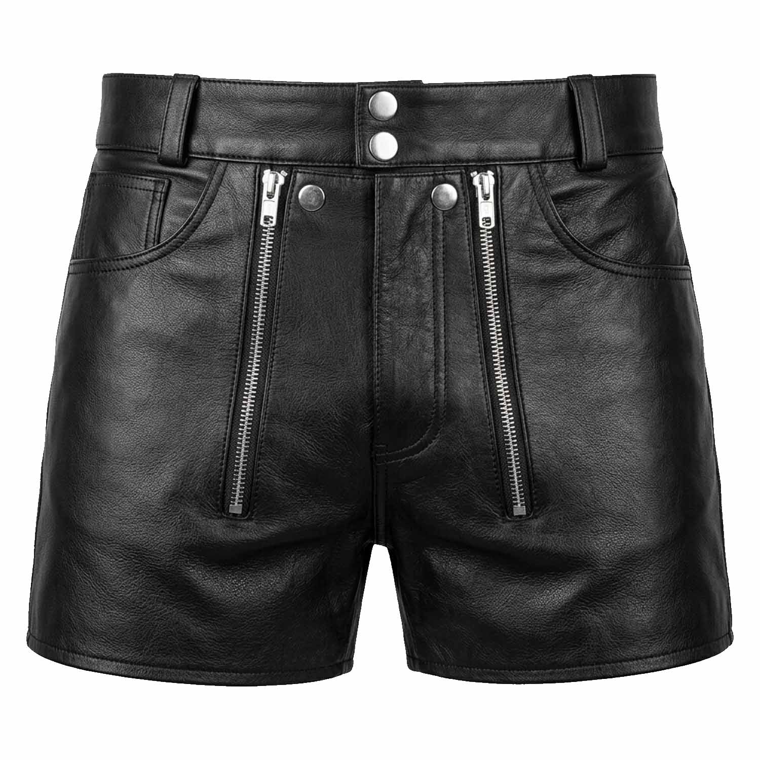 Black leather shorts with silver zipper details on the front, set against a light gray background.