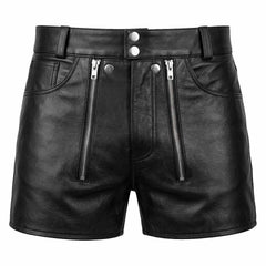 Black leather shorts with silver zipper details on the front, set against a light gray background.