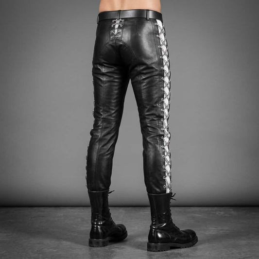 Mens Genuine Leather Front Lace up Skinny Sides Fixed Silver Chains Jeans Style Trousers