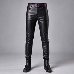 Close-up front view highlighting the texture of the black real leather trousers and the deep purple waist belt detail.