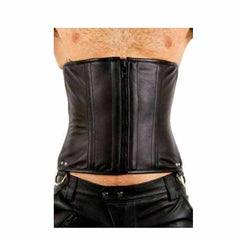 Front view of men's real black leather steel-boned corset cincher featuring front zip closure and waist D-rings.