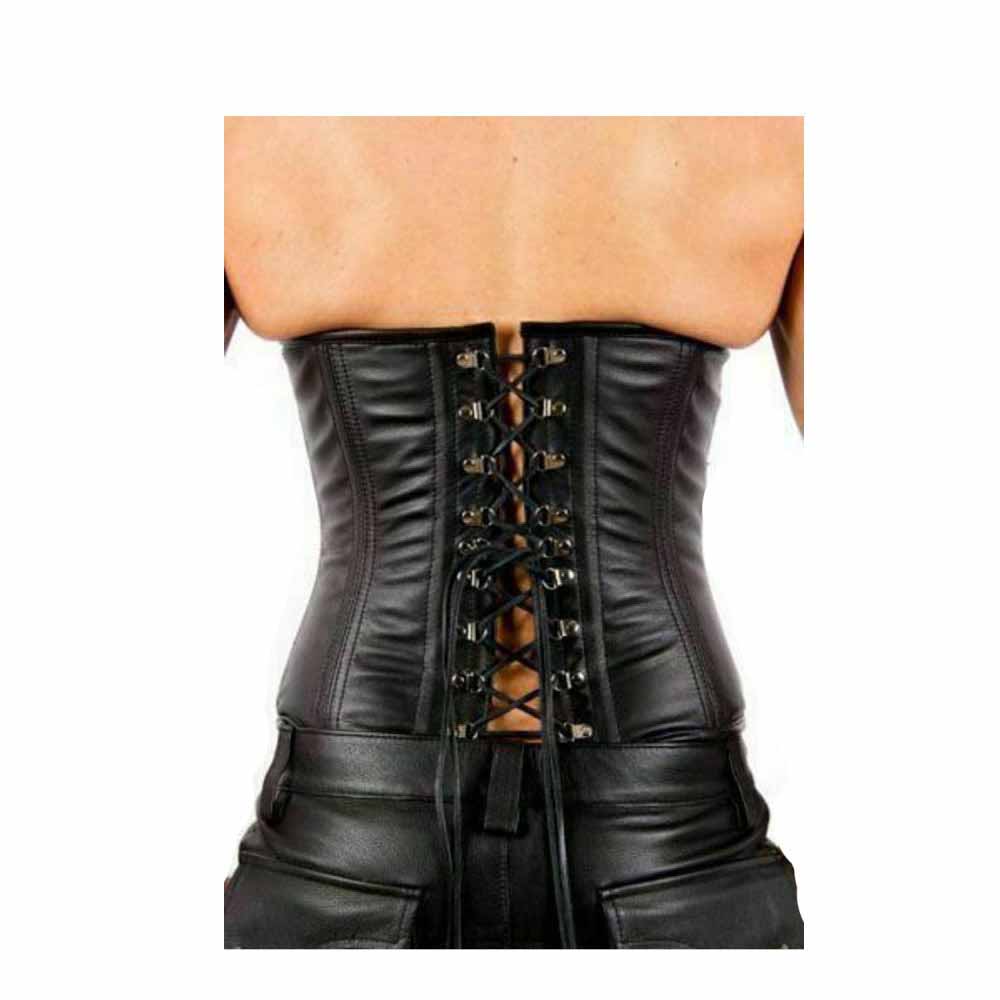 Rear view of men's black leather waist corset showing adjustable lace-up back detailing.