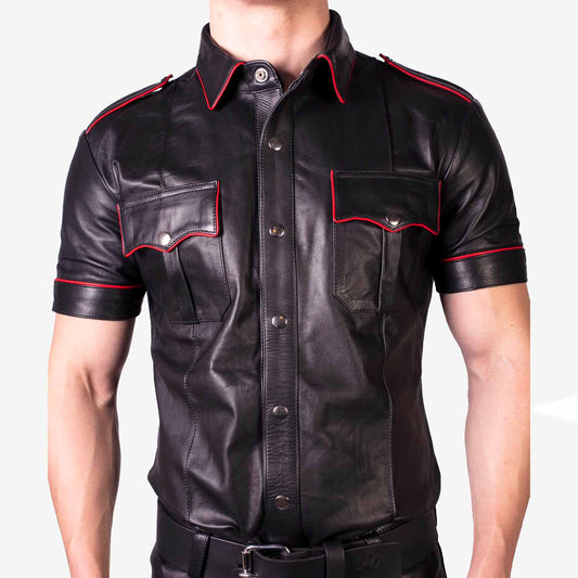 Mens Real Lambs Leather Police Style red piping Black Bikers Shirt