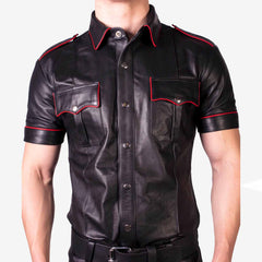Mens Real Lambs Leather Police Style red piping Black Bikers Shirt