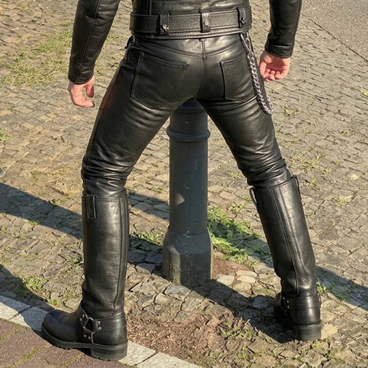 Mens Real Leather Black Slim BLUF Trousers Gay Trousers Jeans Pants Breeches