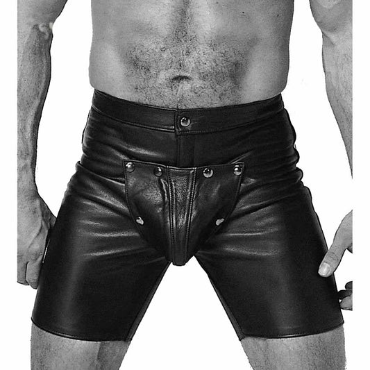New Black Real Leather jean style mid thigh shorts Codpiece Front opening Gay Shorts