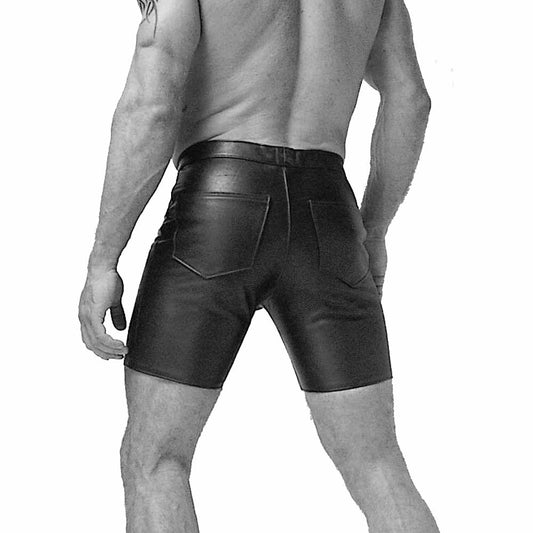 New Black Real Leather jean style mid thigh shorts Codpiece Front opening Gay Shorts