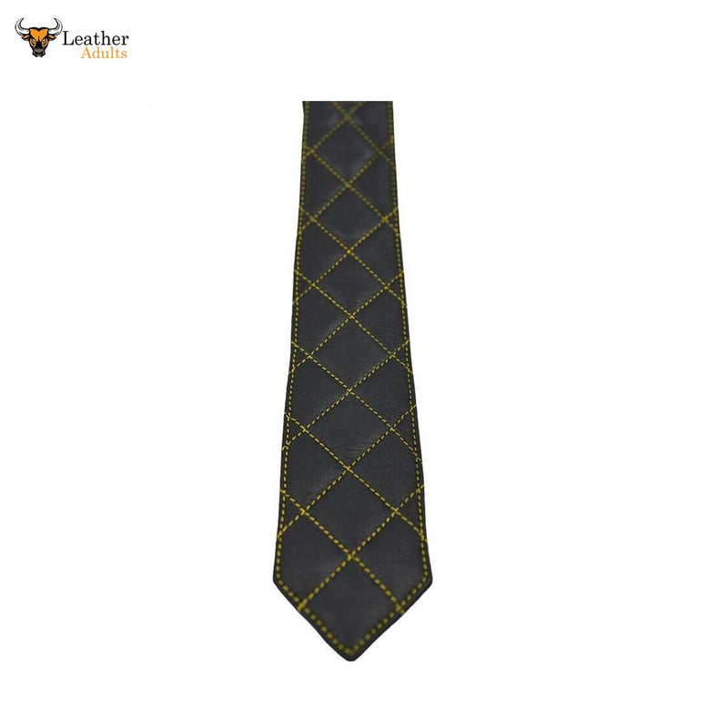 New Men's Genuine 100% Sheep Leather Quilted Tie with yellow contrast