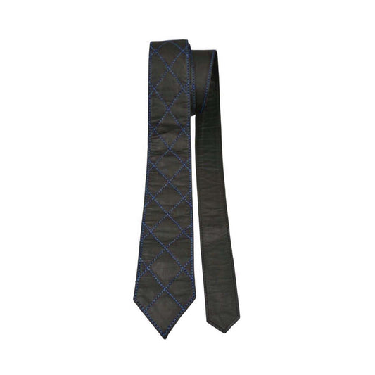 New Men's Genuine 100% Sheep Leather Quilted Tie with blue contrast