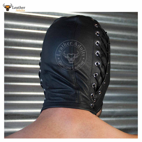 Open Mouth Leather Bondage Hood BDSM Black Soft Leather Bondage Mask