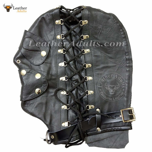 Real Leather Bondage Universal Mask BDSM Adjustable Leather Hood
