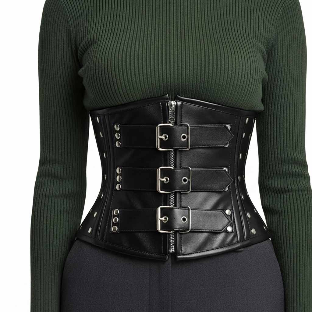 Front view of a model wearing a black genuine leather underbust corset with silver zipper and three front buckles over a dark green sweater.