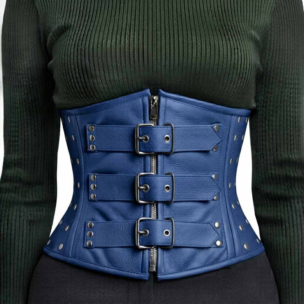 Front view of a blue top-grain leather underbust corset top styled over a green ribbed shirt.