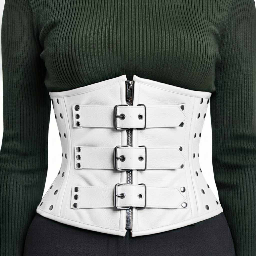 Front view of a white leather underbust corset featuring three silver roller buckles over a central metal zipper.