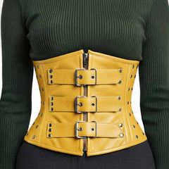 Front view of a yellow real leather underbust waist training belt with silver hardware detailing.